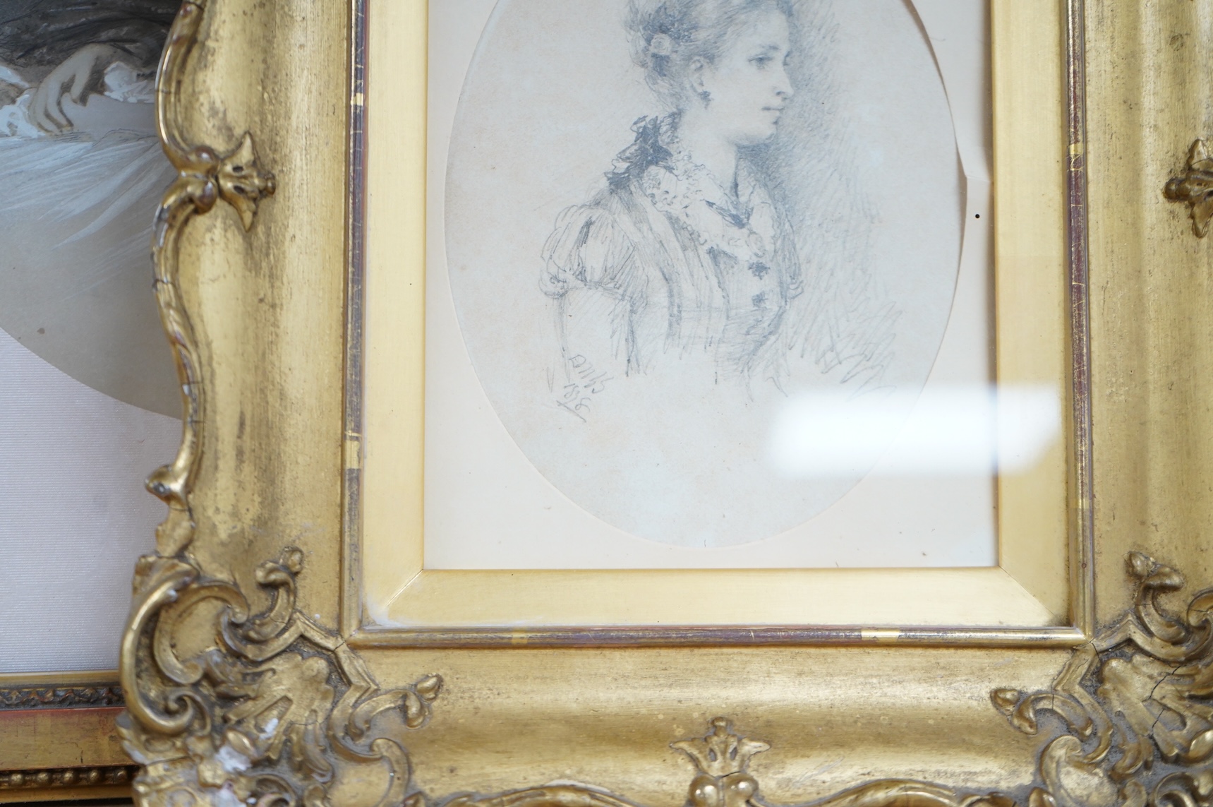 Mid 19th century, Portrait of a seated lady, indistinctly signed Edmund ...? and dated 1858, together with a similar pencil study, indistinctly monogrammed and dated 1898, watercolour heightened with white, oval, largest